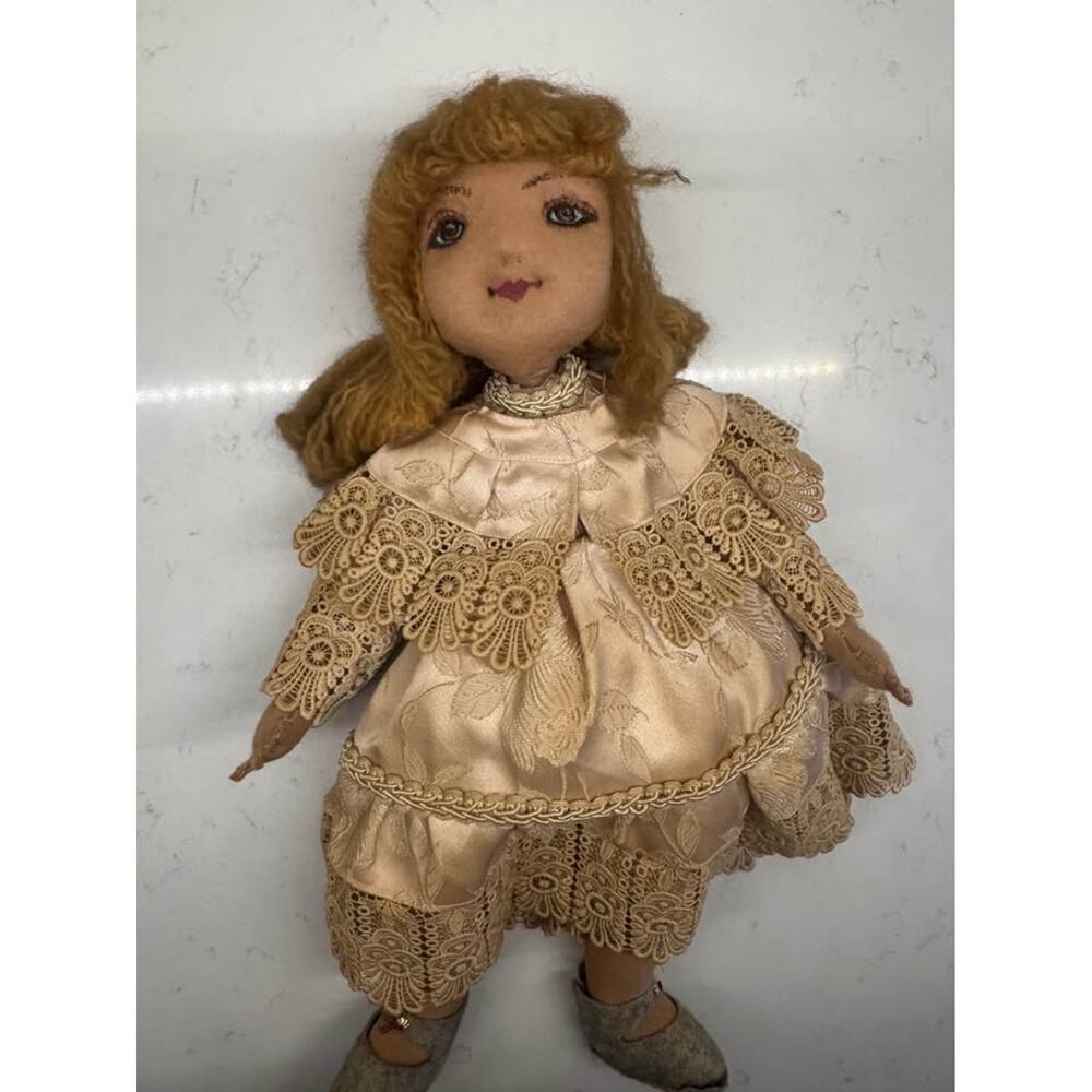 Vintage Antique 16” Lenci Style Felt Girl Doll with Lace Dress